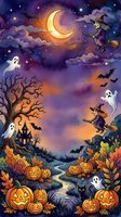Whimsical Halloween night scene with witches flying on broomsticks, glowing moon, ghosts, haunted house, jack-o-lanterns, autumn foliage, bats, and twisted tree. Isolated artwork ready for seasonal designs, greeting cards, and festive projects.