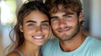 Young romantic couple with bright smiles and natural lighting, close-up portrait showing genuine happiness and connection. Mediterranean appearance with casual style.
