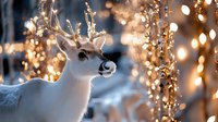 White reindeer in winter forest with glowing bokeh lights and snow, magical Christmas atmosphere creates festive holiday mood. Suitable for seasonal greeting cards.