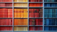 Colorful rainbow arrangement of books on library shelves creating vibrant pattern of red, yellow, orange and blue spines, organized by color for modern interior design.