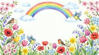 Watercolor spring meadow frame with rainbow, blooming flowers, birds and clouds on white background for greeting cards and seasonal designs.