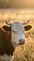 Young dairy cow with white face and horns standing in golden sunset field with warm backlighting creating peaceful rural farm atmosphere for agricultural content.