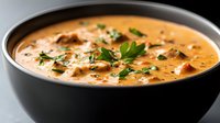 Creamy soup with mushrooms and fresh herbs in black bowl, ready for lunch or dinner service in restaurants and home cooking.