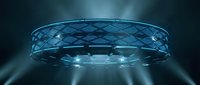 Futuristic holographic ring with geometric diamond pattern glowing in blue light on dark background for sci-fi technology design concepts.