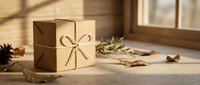 Kraft paper gift box with ribbon bow on wooden surface near window with natural sunlight, pine cones and autumn leaves for holiday packaging.