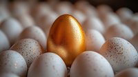 Golden egg stands out among regular speckled eggs, symbolizing uniqueness, success and achievement concept against blurred background.