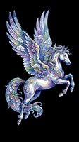 Ornate flying pegasus with colorful wings and swirl details, isolated on transparent background, ready for stickers, t-shirt design, sublimation, and print on demand.