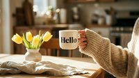 Woman in cozy knit sweater holding a white mug with Hello text, yellow tulips in vase on wooden table, warm kitchen background.