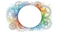 Colorful mechanical gears and cogs frame with white circle space for text on watercolor background isolated for design projects and presentations.
