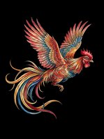 Colorful rooster in flight with flowing tail feathers, isolated on transparent background. Ready for t-shirts, stickers, sublimation, and print on demand designs.