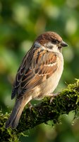 Small brown and tan songbird perched on moss-covered branch with blurred green foliage background. Wildlife and nature photography for editorial and educational use.