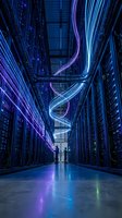 Two figures stand in a futuristic server room corridor lined with illuminated server racks, featuring glowing blue and purple neon light trails overhead, representing data flow and digital technology infrastructure.