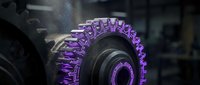 Extreme off-road tire with aggressive purple tread pattern and metallic finish, showcasing rugged vehicle equipment for mud terrain and adventure sports applications.