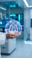 Doctor in white coat holding glowing holographic lungs in modern laboratory setting with blue technology interface background for healthcare innovation and medical research concepts.