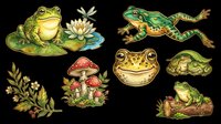 Cute green frogs and mushrooms clipart set, isolated on transparent background, ready for stickers, t-shirt design, print on demand, and sublimation crafts.