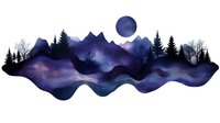 Mystical mountain landscape silhouette with purple and blue watercolor night sky, full moon, pine trees, and misty forest creating dreamy nature scenery on white background.