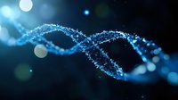 Glowing blue DNA helix structure with sparkling particles against dark background, representing genetic science and biotechnology research.