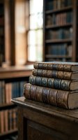 Stack of antique leather-bound books with ornate spines resting on wooden furniture in a library setting with bookshelves and natural window light in background.