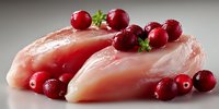 Raw turkey breast fillets with fresh cranberries on light background, high-quality protein for festive holiday cooking.