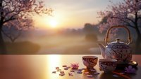 Traditional ceramic teapot with matching cups arranged on wooden table during golden hour sunset with cherry blossoms framing peaceful countryside landscape scene.