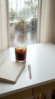 Cold cola drink with ice in glass on white desk next to notebook and pen, bright window with curtains and blurred garden view behind, workspace and beverage concept.