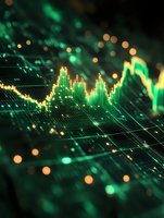 Financial data visualization with glowing green and gold market charts showing price movements against dark background with bokeh light effects.