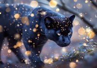 Black cat portrait with glowing bokeh lights and magical sparkles against dark blue winter background, creating mystical atmospheric mood for seasonal designs.