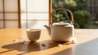 Minimalist ceramic teapot and cup set on wooden table in serene Japanese-style interior with natural sunlight creating peaceful tea ceremony atmosphere.