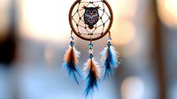 Handmade dreamcatcher with owl design, blue and white feathers hanging against blurred bokeh background. Native American inspired decor for spiritual protection.