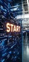 Glowing orange START text against dark digital matrix background with blue light effects and binary code streams, modern business concept for new beginnings.