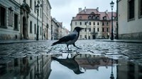Black crow standing on wet cobblestone street with reflection in puddle, historic European city architecture background, urban wildlife photography.