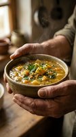 Person holding rustic bowl of hearty vegetable stew with potatoes, lentils and fresh herbs in warm kitchen lighting, suitable for food blogs and culinary content.