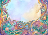 Colorful psychedelic border frame with flowing waves, infinity symbols, and ornamental swirls surrounding watercolor sky background. Vibrant rainbow palette with decorative elements suitable for posters, invitations, and digital design projects.