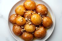 Golden honey-glazed dough balls sprinkled with chopped nuts on white ceramic plate against marble background, drizzled with sweet syrup for dessert menu.