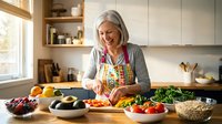 Happy senior Caucasian woman with gray hair preparing fresh vegetables in modern kitchen, smiling while cooking healthy meal at home.