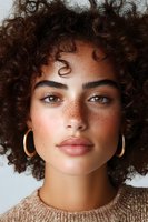 Close up portrait of young mixed race woman with natural curly hair, freckles and gold hoop earrings against light background. Natural beauty concept.