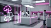 Futuristic office interior with neon pink cloud computing and data transfer symbols, modern workspace with glowing digital elements, contemporary business environment with technology visualization.