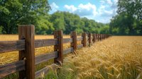 Rustic wooden fence stretches across golden wheat field under summer sky, leading into lush green forest. Agricultural landscape shows ripe grain ready for harvest.