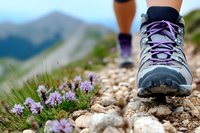 Hiking boot on rocky mountain trail with purple wildflowers blooming along path, mountains in background, active lifestyle and outdoor adventure concept.