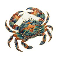 Ornate crab with intricate decorative patterns in blue, orange, and gold tones, isolated on white background for design projects.