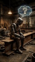Thoughtful robot sitting in industrial workshop with glowing question mark thought bubble, pondering artificial intelligence and machine learning concepts.