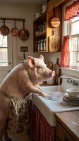 Anthropomorphic pig wearing apron washing dishes in rustic farmhouse kitchen with copper pots and gingham curtains for whimsical home decor concepts.