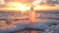 Plastic bottle on ocean beach at golden sunset with sea foam waves. Dramatic nature lighting creates silhouette against orange sky and sparkling water surface.