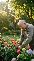 Senior man with white hair and Caucasian ethnicity tending to blooming roses and hydrangeas in sunlit garden, enjoying outdoor gardening hobby and nature.