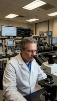 Middle-aged Caucasian male scientist in white lab coat using microscope in modern research laboratory with computer monitors and scientific equipment.