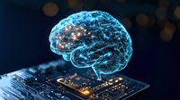 Glowing blue digital brain hologram floating above electronic circuit board with neural network connections and light effects. For AI and technology concepts.