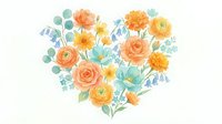 Watercolor heart-shaped floral arrangement with orange roses, yellow ranunculus and eucalyptus leaves on white background for wedding invitations.