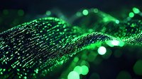 Abstract digital wave of green glowing particles against dark background, representing data flow, technology, or cyber security concept.