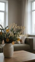 Merry Christmas greeting over cozy Scandinavian living room with fir branches and dried orange slices in ceramic vase on wooden table.