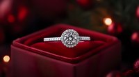 Sparkling diamond engagement ring in red velvet box with festive holiday lights creating romantic atmosphere for proposal or wedding celebration.